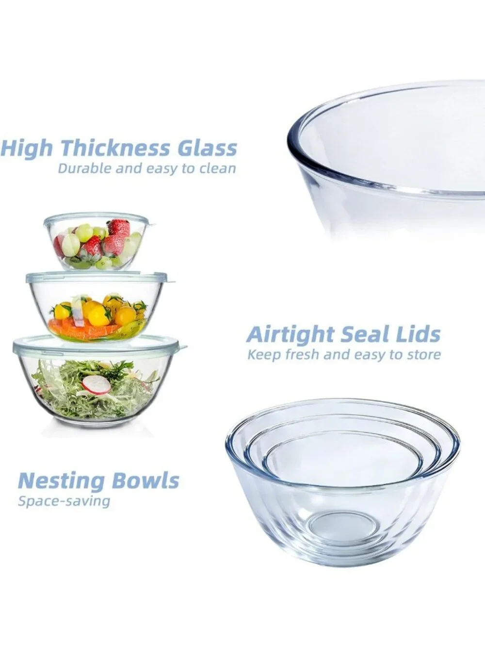 Set of 3 Glass Mixing Bowls with Lids - Nesting Storage for Cooking & Baking